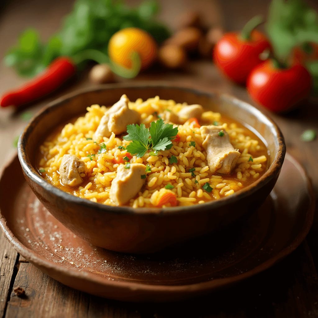 Un tazón hondo con arroz caldoso con pollo, de color dorado y textura cremosa, decorado con perejil fresco y servido caliente.