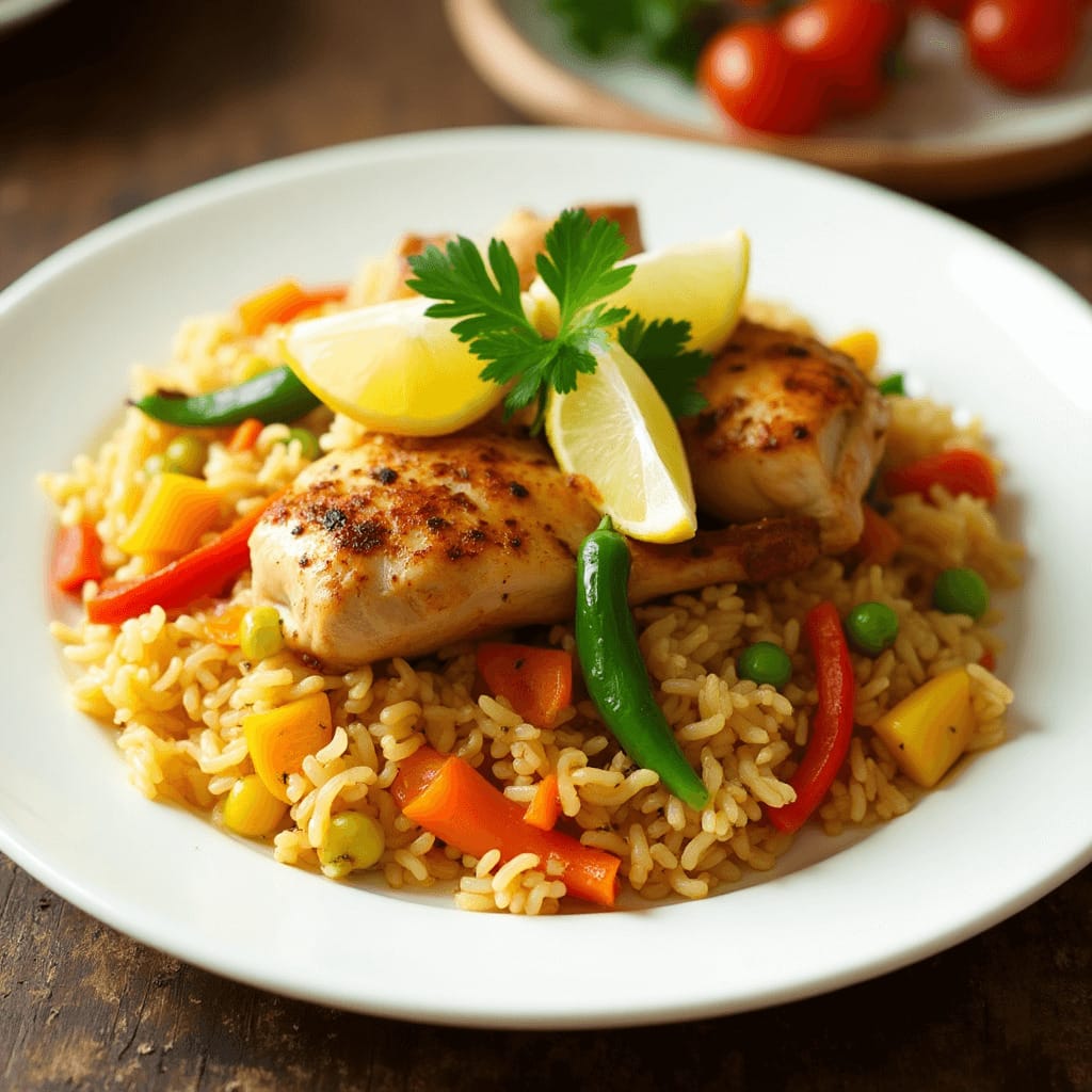 Delicioso arroz con pollo y verduras servido con rodajas de limón y perejil fresco.