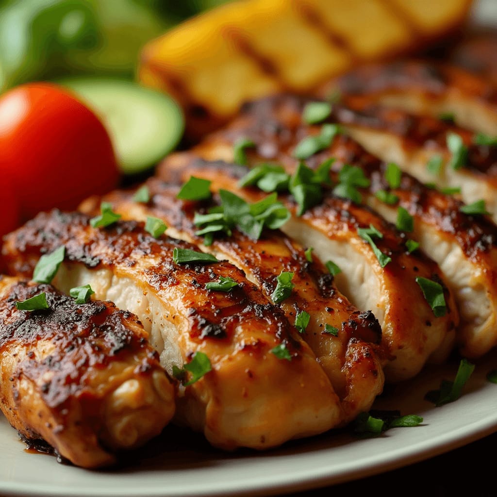 Churrasco de Pollo cocinándose sobre una parrilla caliente, con humo visible.