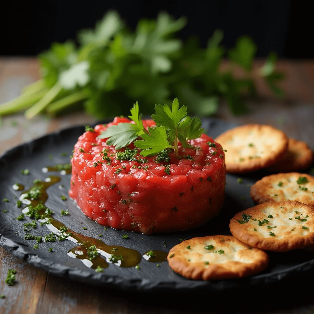 Un tartar de fuet perfectamente presentado en un molde redondo, adornado con perejil fresco y un toque de aceite de oliva. El plato está elegantemente presentado sobre una superficie blanca, ideal para una comida de alta gama.