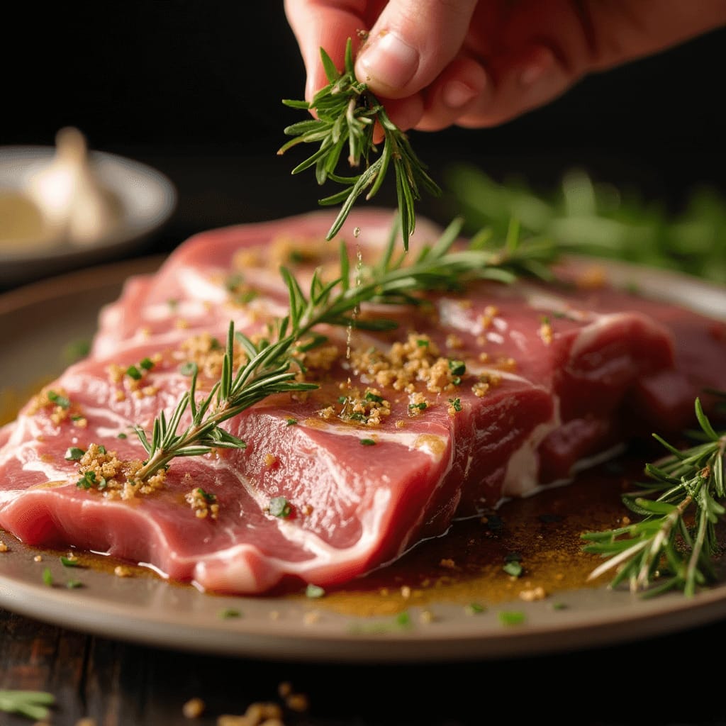 Primer plano de la paletilla de cordero siendo marinada con aceite de oliva, ajo, romero y tomillo.