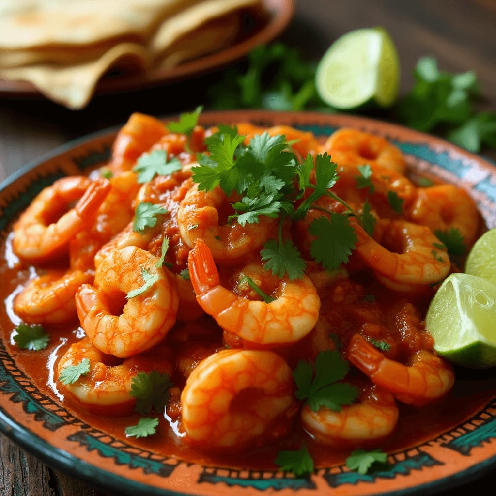 Un plato vibrante de camarones a la diabla con salsa picante de chile rojo y cilantro fresco.