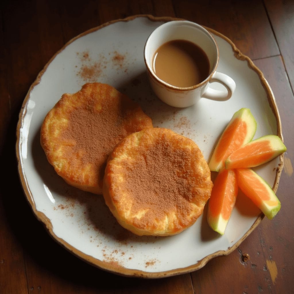 Un plato de torrijas tradicionales espolvoreadas con azúcar y canela, colocado en una mesa de madera iluminada por luz natural.
