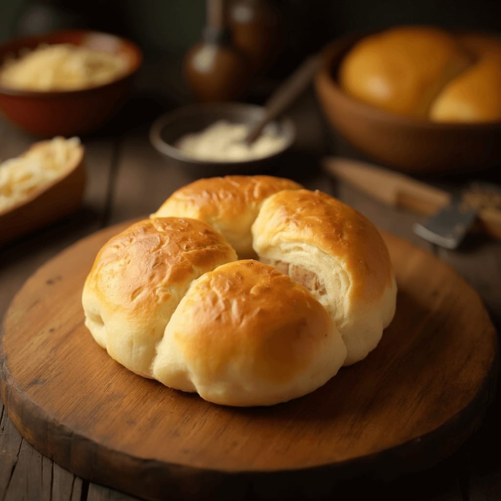 Pan de Bono dorado y crujiente en una mesa de madera, rodeado de ingredientes tradicionales como harina de yuca y queso.