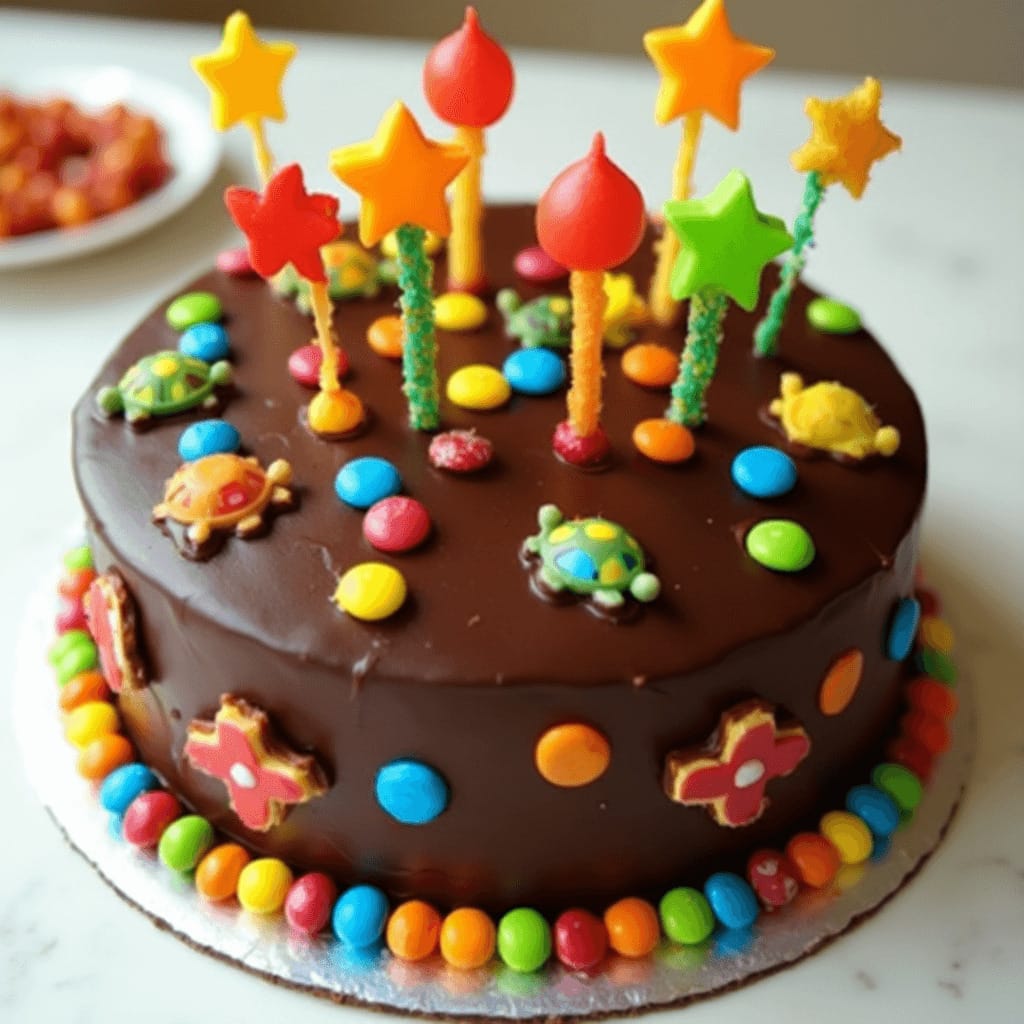 Un pastel cubierto de chocolate brillante, decorado con gomitas coloridas, malvaviscos, velas en forma de globos y rodeado de un borde de M&Ms.