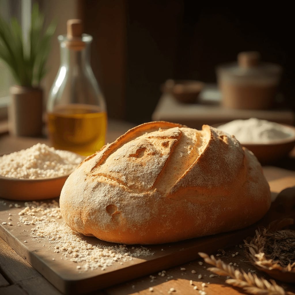 Pan recién salido del horno, con una corteza dorada y crujiente, listo para disfrutar
