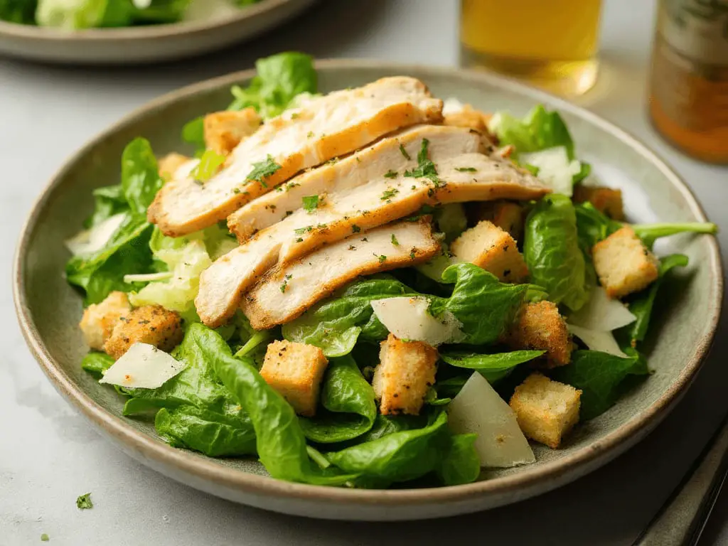 Un plato de ensalada César con lechuga romana fresca, croutons dorados, tiras de pollo a la parrilla y virutas de queso parmesano.