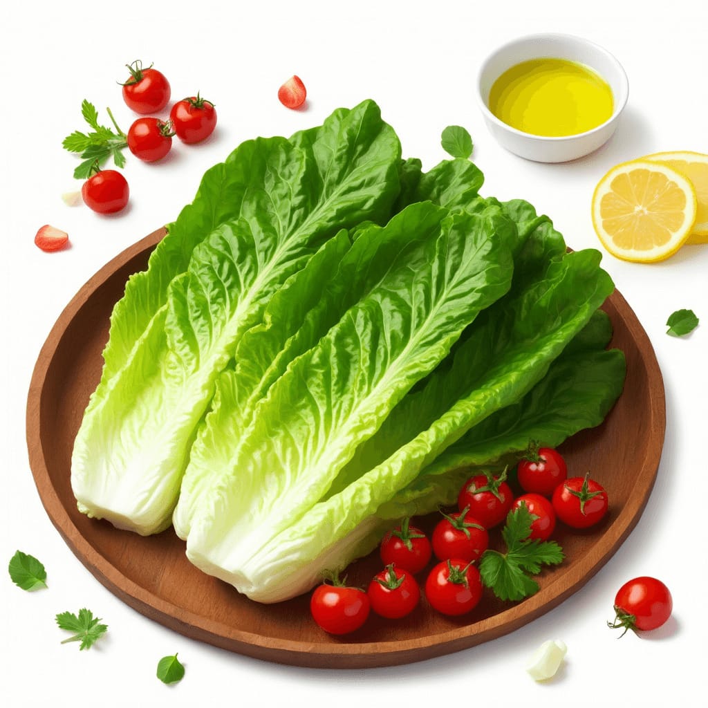 Hojas de lechuga romana sobre un plato de madera, rodeadas de tomates cherry, limón, aceite de oliva y un bol pequeño con aderezo.