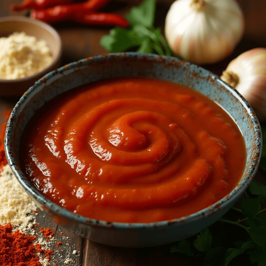 Un primer plano de una salsa Cajún roja en un tazón pequeño con especias como pimiento de cayena y paprika a su alrededor