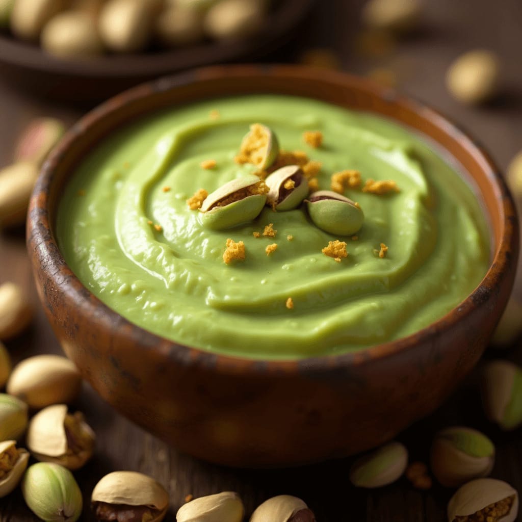 Crema de pistacho suave y rica en un tazón, con un color verde vibrante y textura aterciopelada, rodeada de pistachos enteros.