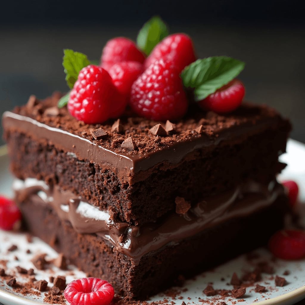 Un postre de chocolate lujoso con capas de pastel de chocolate, ganache cremosa y un glaseado brillante de chocolate, elegantemente adornado con virutas de chocolate y frutas frescas.