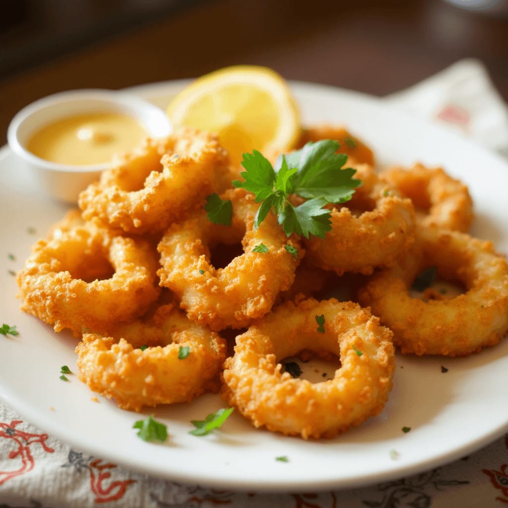 Plato delicioso de puntillas de calamar crujientes servidas en un plato blanco con rodajas de limón y perejil fresco, acompañadas de una salsa para mojar.