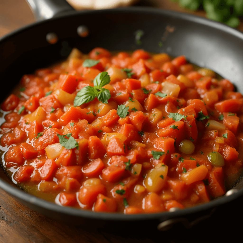 La vibrante mezcla de ingredientes frescos como tomates, ajo, cebolla y pimientos cocinándose lentamente en aceite de oliva. La mezcla aromática es perfecta para la base de una paella.