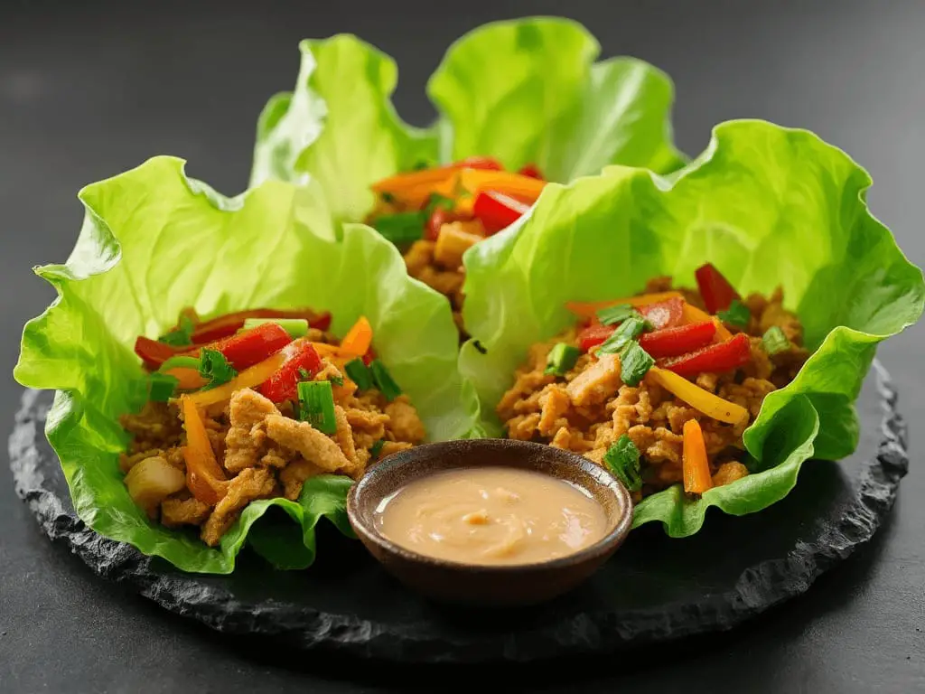 Tres wraps de lechuga romana rellenos con pollo desmenuzado, zanahorias, pimientos dulces y un acompañamiento de salsa.