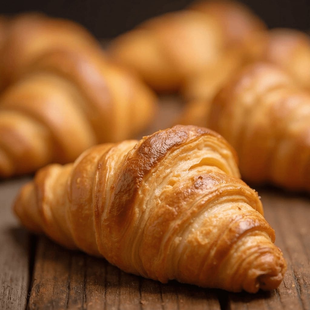 Croissants crujientes y dorados sobre una mesa de madera, con una textura hojaldrada y un acabado brillante.