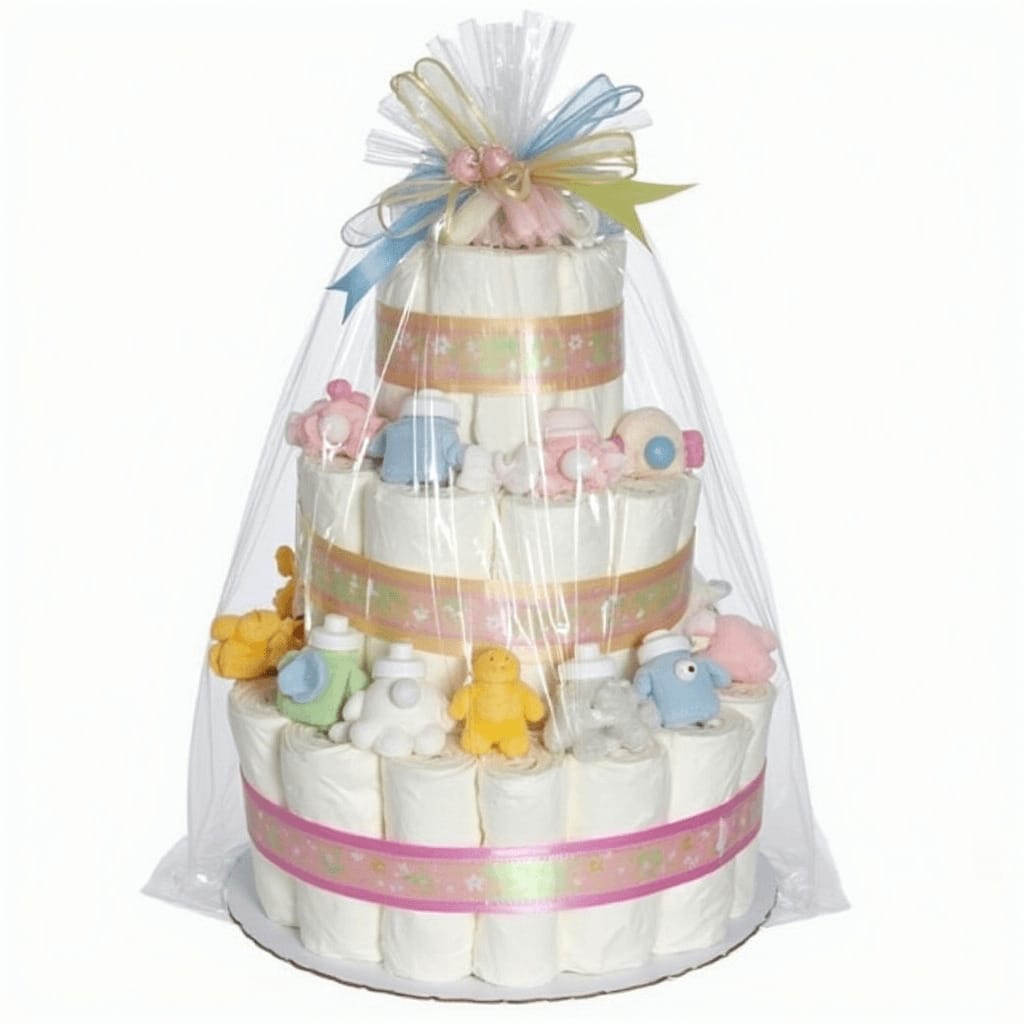 Una tarta de pañales de tres capas, decorada con cintas de colores pasteles, biberones, chupetes y juguetes de peluche, envuelta en celofán con un lazo.