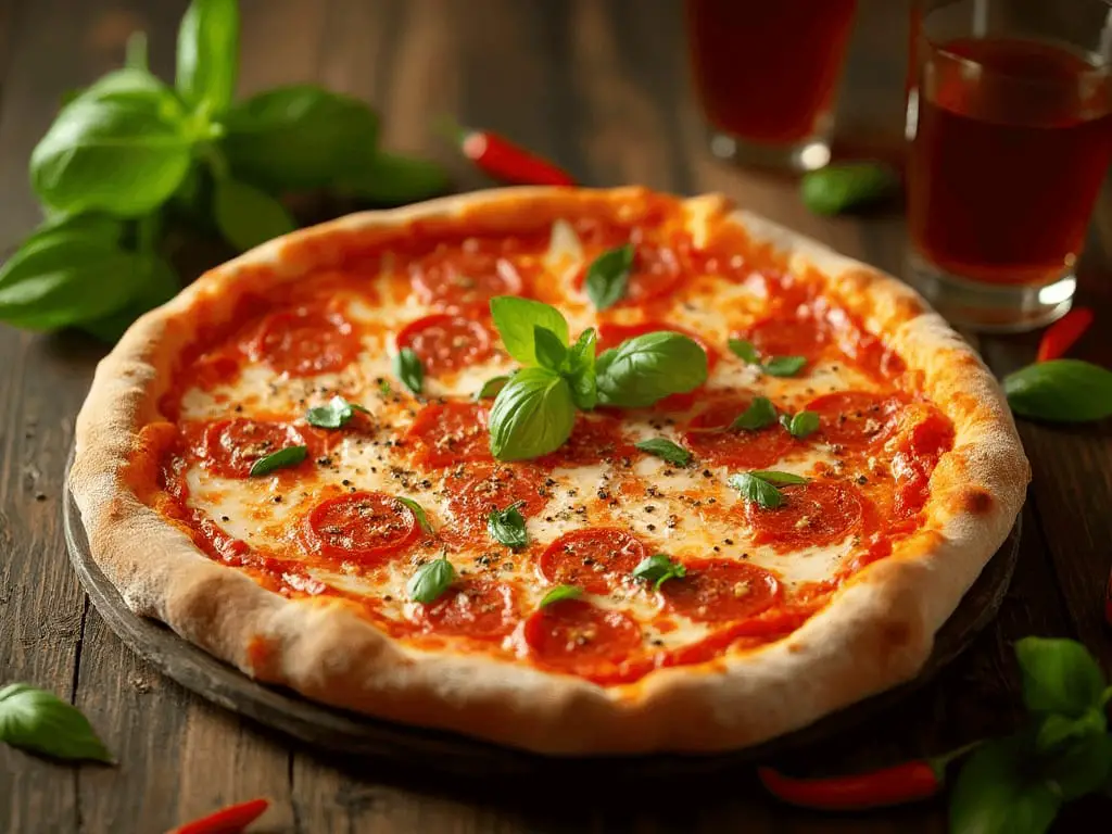 Pizza alla diavola servida en una mesa rústica con bebidas refrescantes y hojas frescas de albahaca.