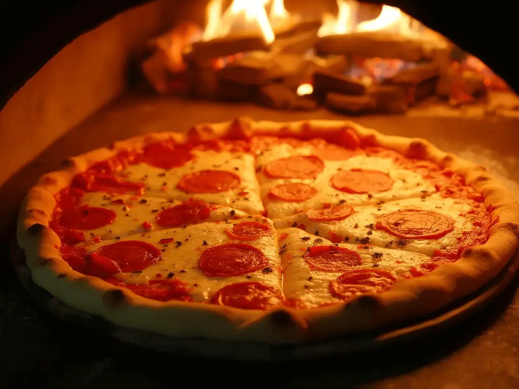Pizza alla diavola recién horneada en horno de leña, con queso derretido y pepperoni crujiente.