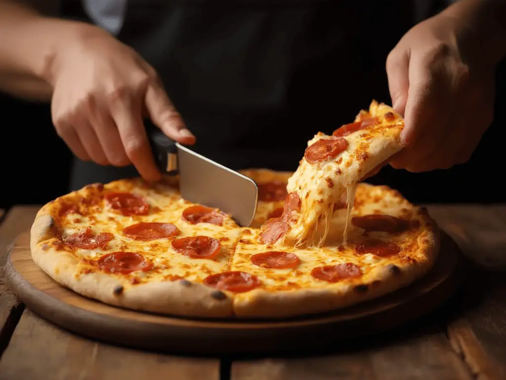 Persona cortando una pizza alla diavola con un cortapizzas, mostrando queso derretido y pepperoni.