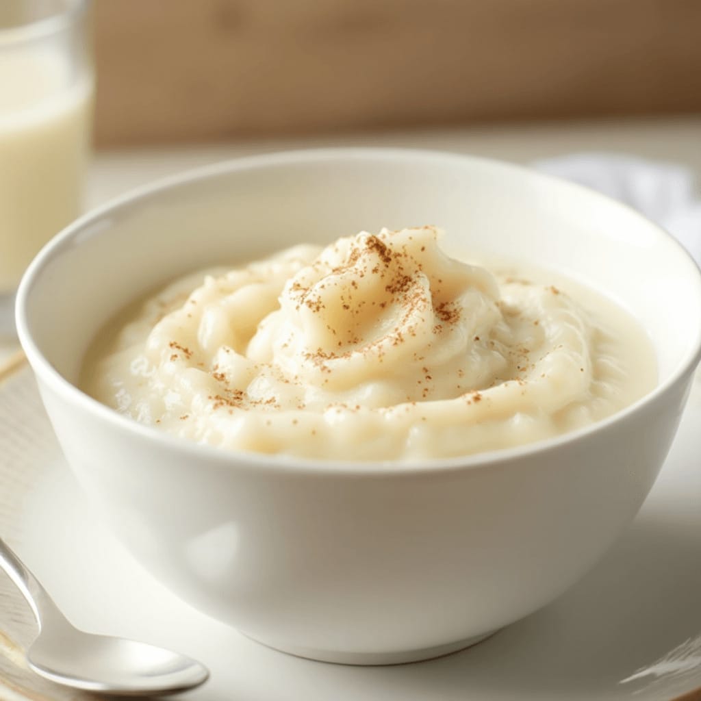 Un tazón simple y elegante de crema de arroz, ligeramente espolvoreado con canela, perfecto para cualquier ocasión.