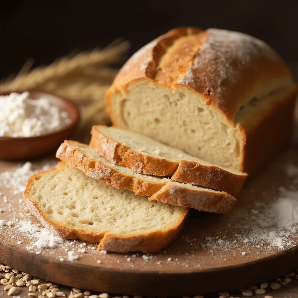 Un pan de trigo sarraceno recién horneado con una corteza dorada y crujiente, colocado sobre una tabla de madera con algunas rebanadas, rodeado de trigo y harina