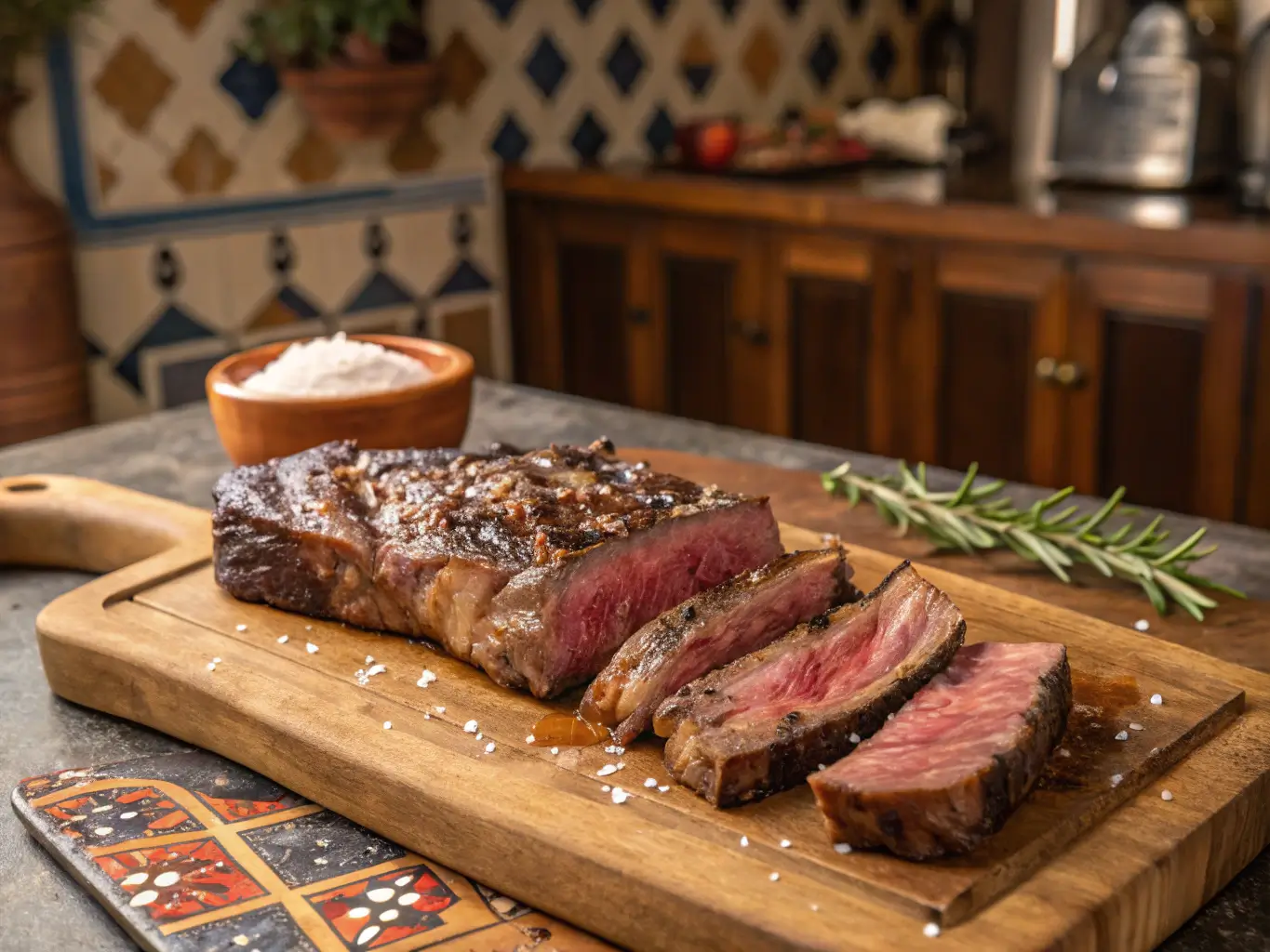 Un jugoso entrecot de ternera a la parrilla, con marcas doradas y una textura crujiente en el exterior, preparado a la perfección.