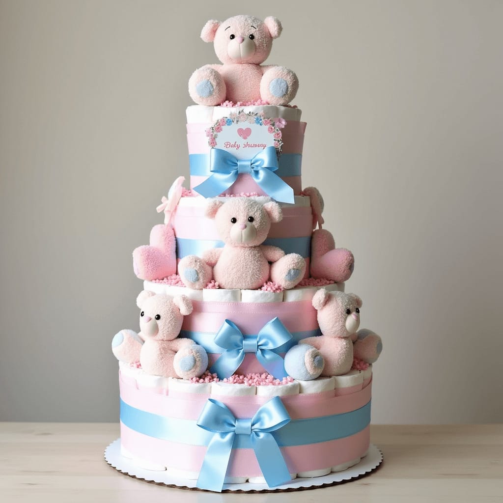 Esta tarta de pañales con peluches como ositos y con cintas personalizadas, es el detalle perfecto para un baby shower lleno de ternura.