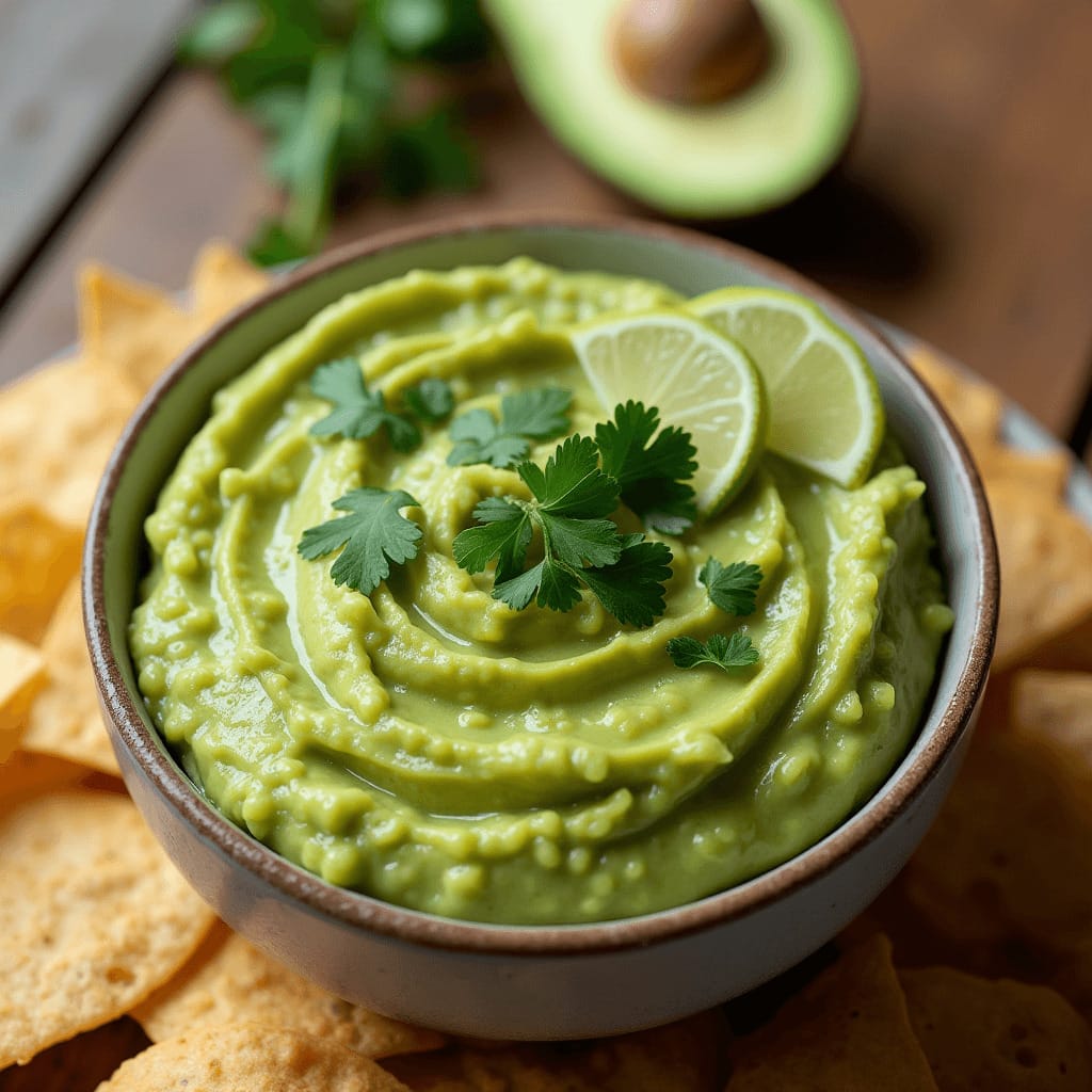 Guacamole suave y cremoso hecho en Thermomix, decorado con cilantro fresco y rodajas de lima, acompañado de chips de tortilla.
