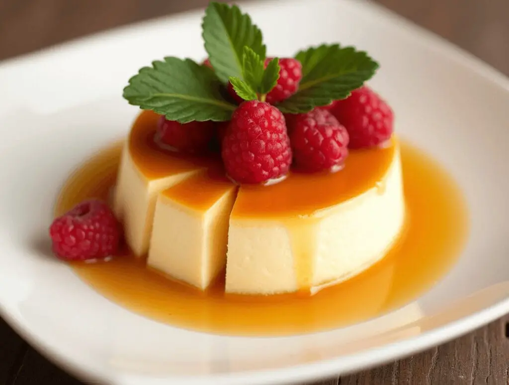Flan de queso servido en un plato blanco, decorado con frambuesas frescas, menta y una capa de caramelo.