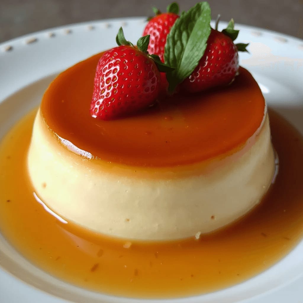 Flan de queso cremoso preparado en Thermomix, decorado con fresas frescas y menta, cubierto con una capa de caramelo dorado.