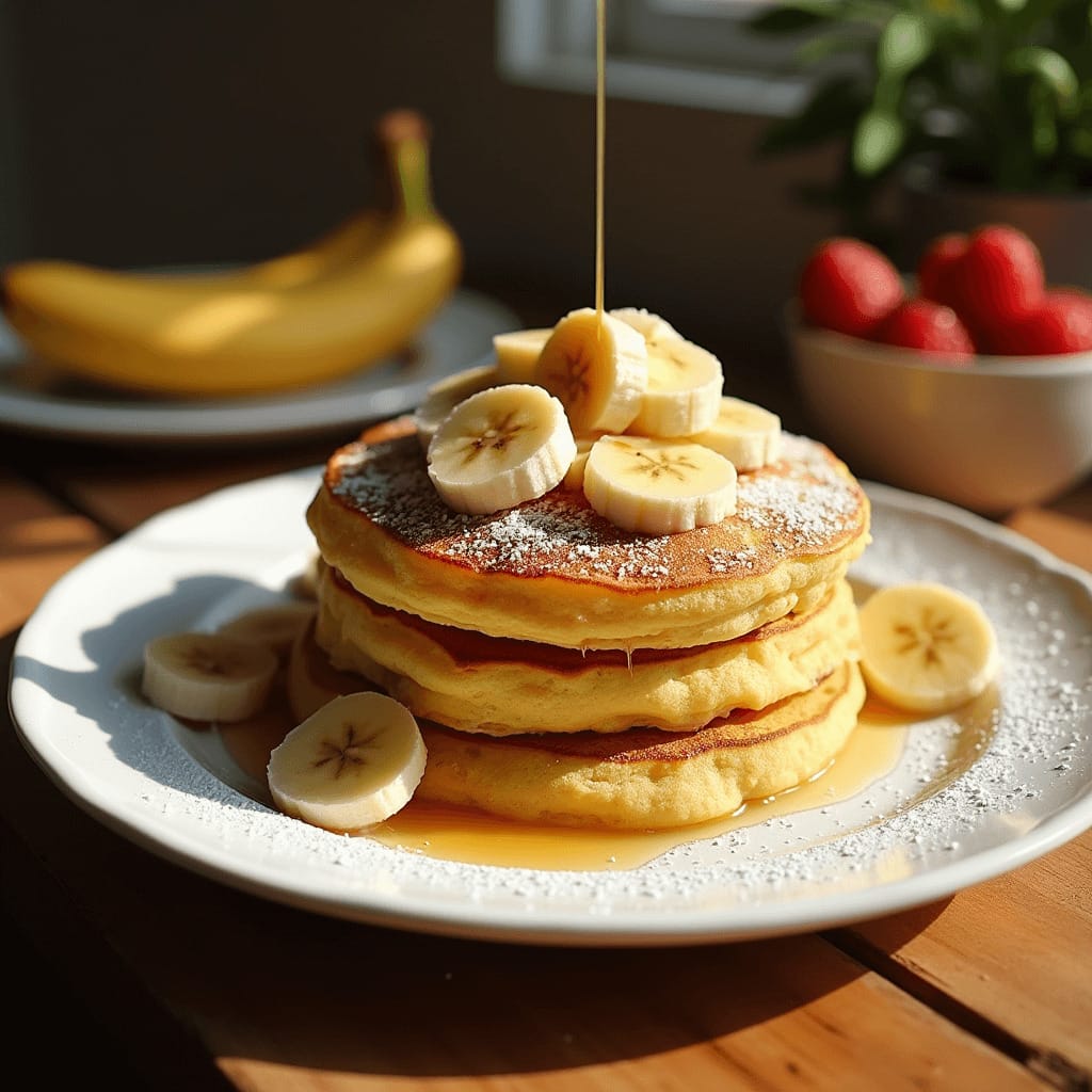 Tortitas de plátano deliciosas servidas con frutas frescas y un toque de miel, perfectas para el desayuno o brunch.