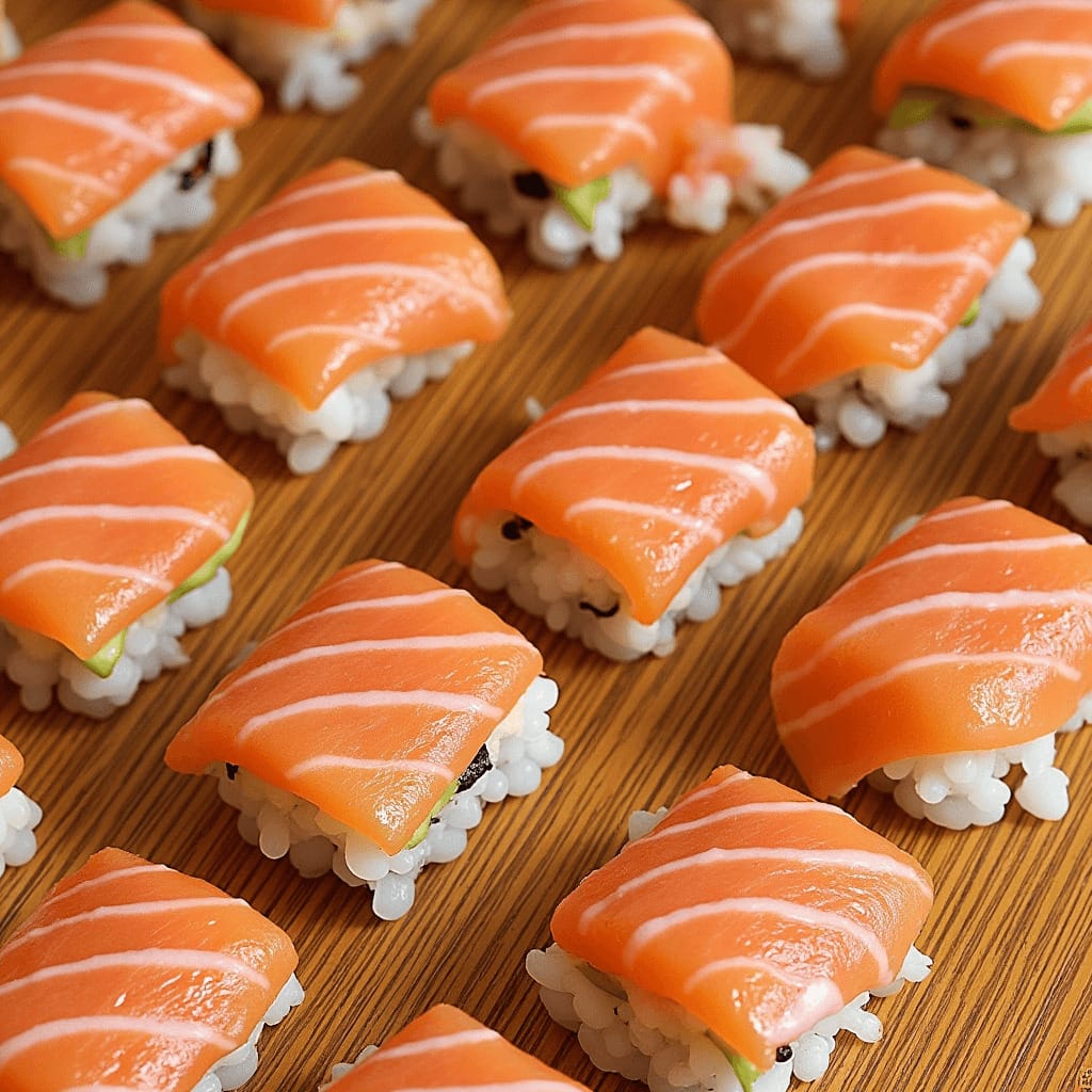 Nigiri salmón preparado con arroz sazonado y lonjas de salmón fresco sobre un plato de madera al estilo japonés.
