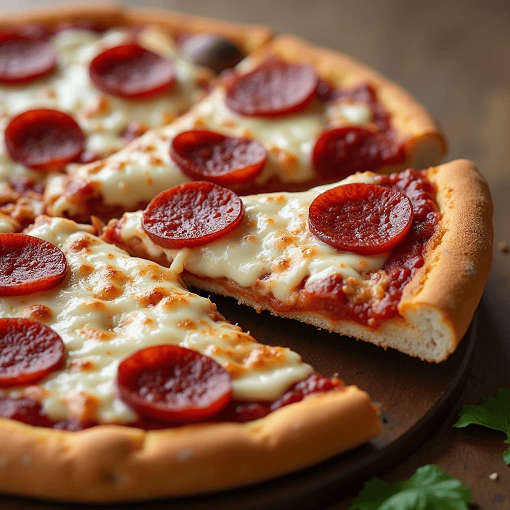 "Pizza alla diavola con una corteza crujiente, queso derretido y pepperoni picante sobre una pala de pizza.