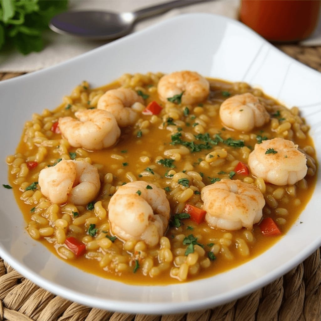 Disfruta de un arroz con gambas perfectamente cocinado, con gambas frescas y arroz de azafrán, listo para deleitar tu paladar.