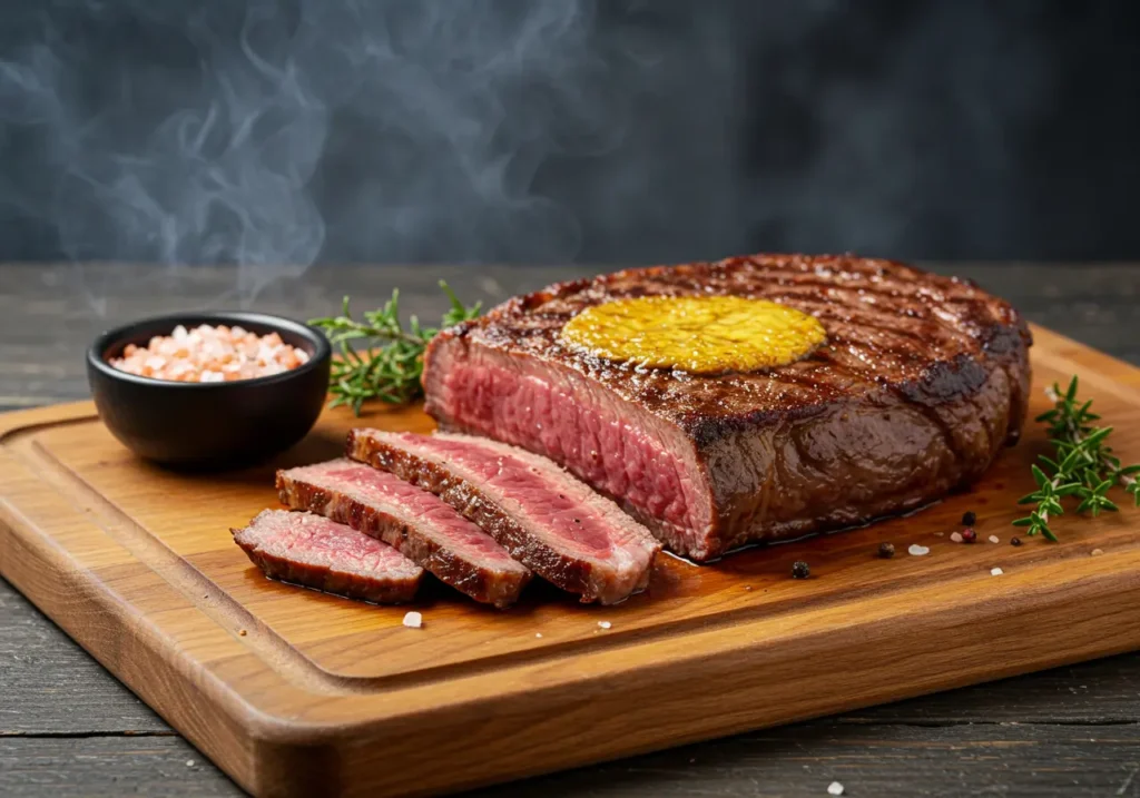 Picaña de ternera perfectamente asada con capa de grasa dorada, cortada en rodajas sobre una tabla de madera.