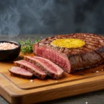 Picaña de ternera perfectamente asada con capa de grasa dorada, cortada en rodajas sobre una tabla de madera.
