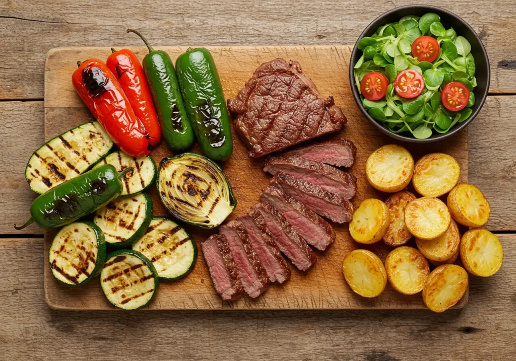 Guarniciones frescas para picaña: verduras asadas, ensalada verde y papas al horno.