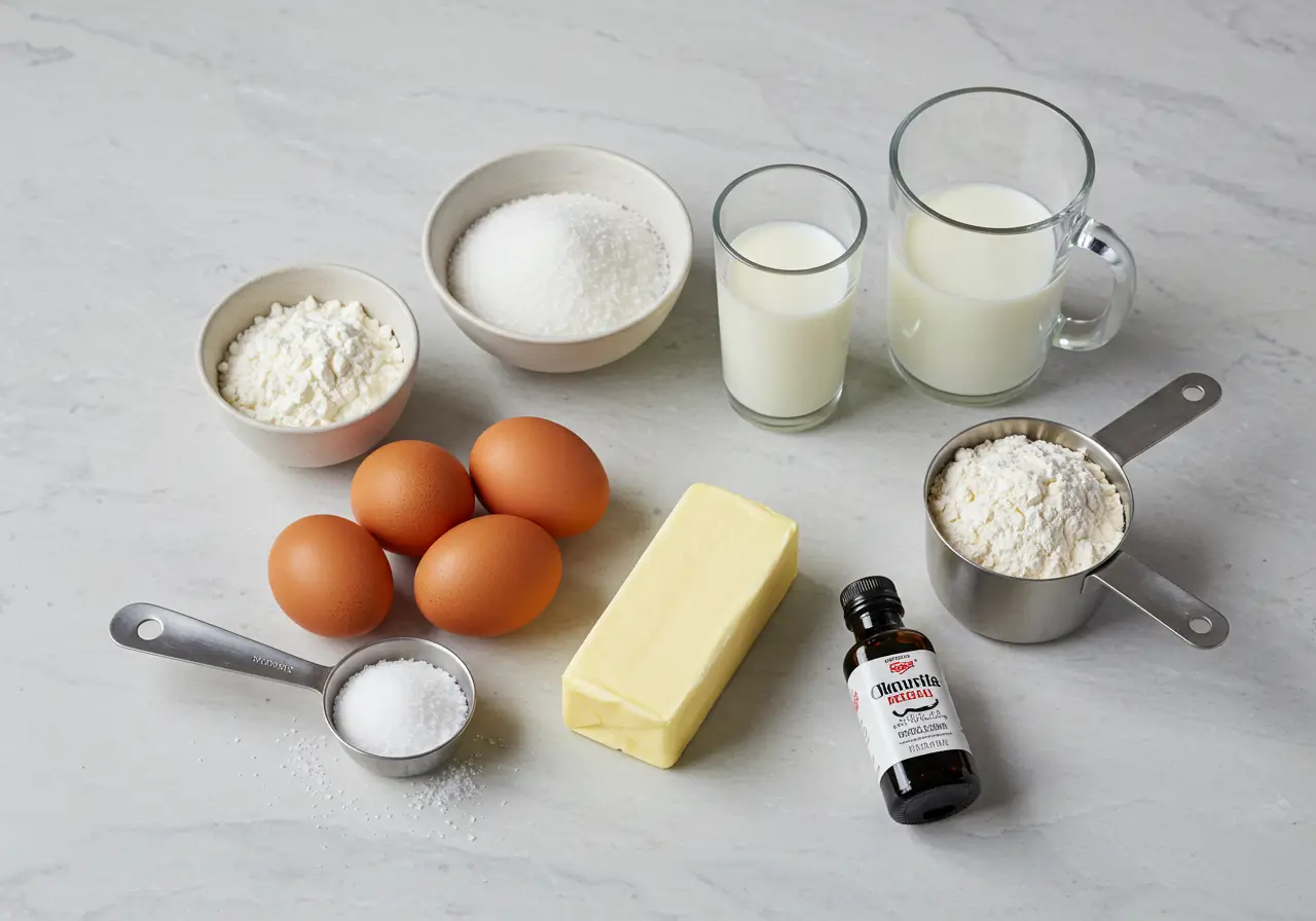 Vista superior de 4 huevos, un trozo de manteca, azúcar, harina, esencia de vainilla y un vaso de leche sobre una encimera de cocina.