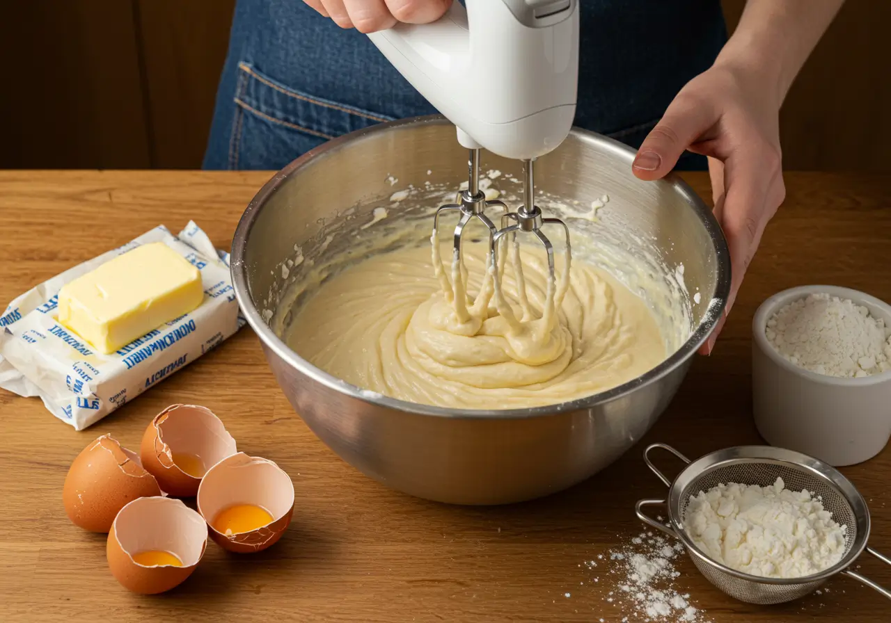 Persona batiendo la masa de torta de manteca en un bol grande, rodeada de cáscaras de huevo, harina y manteca sobre una mesa de cocina.