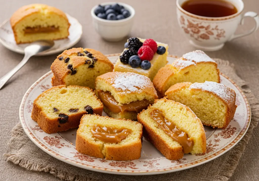 Rebanadas de torta de manteca decoradas con chips de chocolate, frutos rojos, azúcar glas y dulce de leche sobre un plato decorativo.