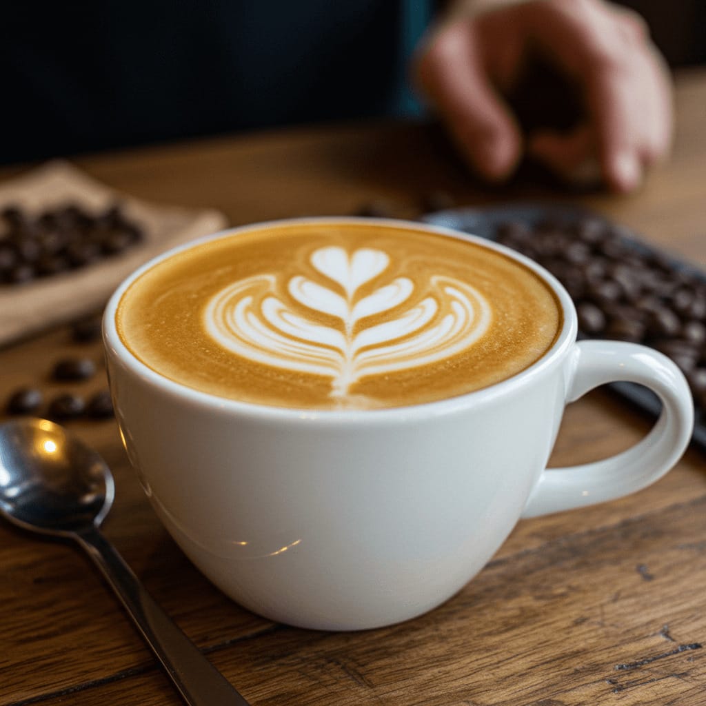 Primer plano de un Flat White con un diseño de arte latte en la espuma, servido en una taza blanca sobre una mesa de madera rústica.