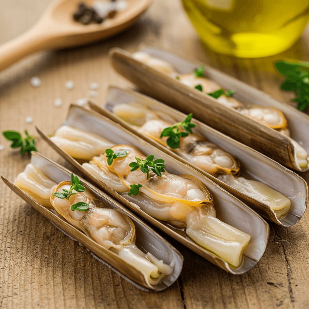 Un plato de navajas marinas frescas servidas con rodajas de limón y perejil, resaltando su sabor y calidad.