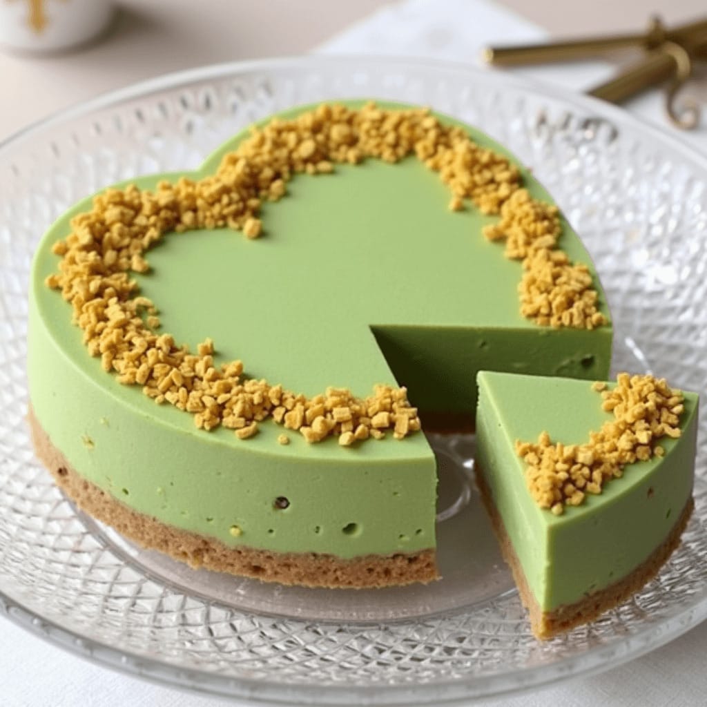Primer plano de una tarta de pistacho decorada con pistachos triturados, servida en un plato blanco elegante sobre una mesa de madera.