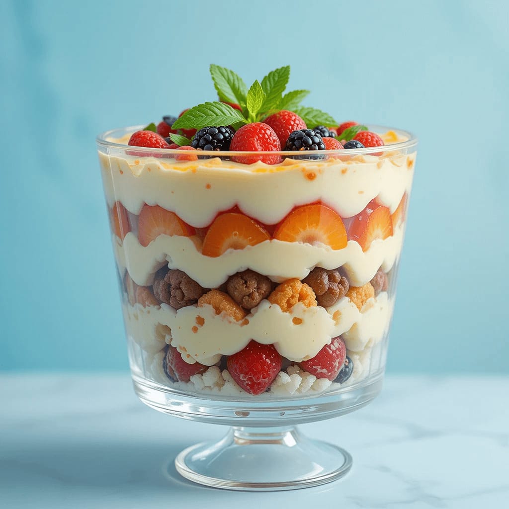Imagen de un postre en capas con frutas coloridas, crema suave y bizcocho esponjoso en un recipiente transparente, decorado con hojas de menta fresca.