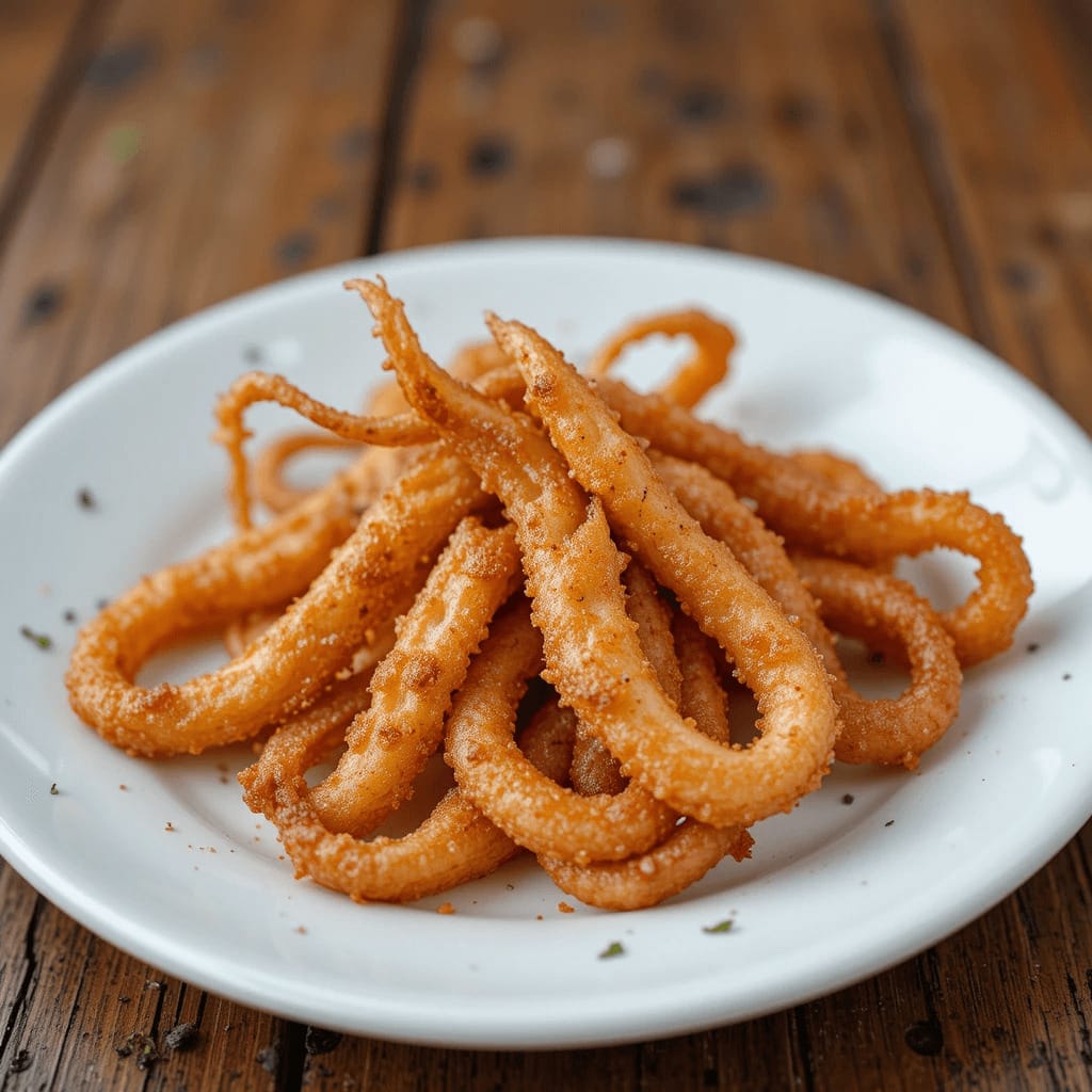 Deliciosas puntillitas crujientes servidas con perejil fresco y una rodaja de limón para añadir sabor.