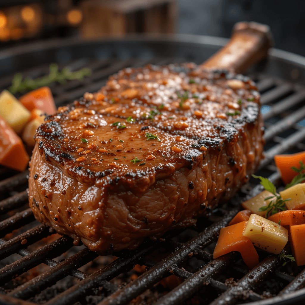 Presa ibérica asada con una costra dorada y jugosa, servida con verduras frescas y hierbas.