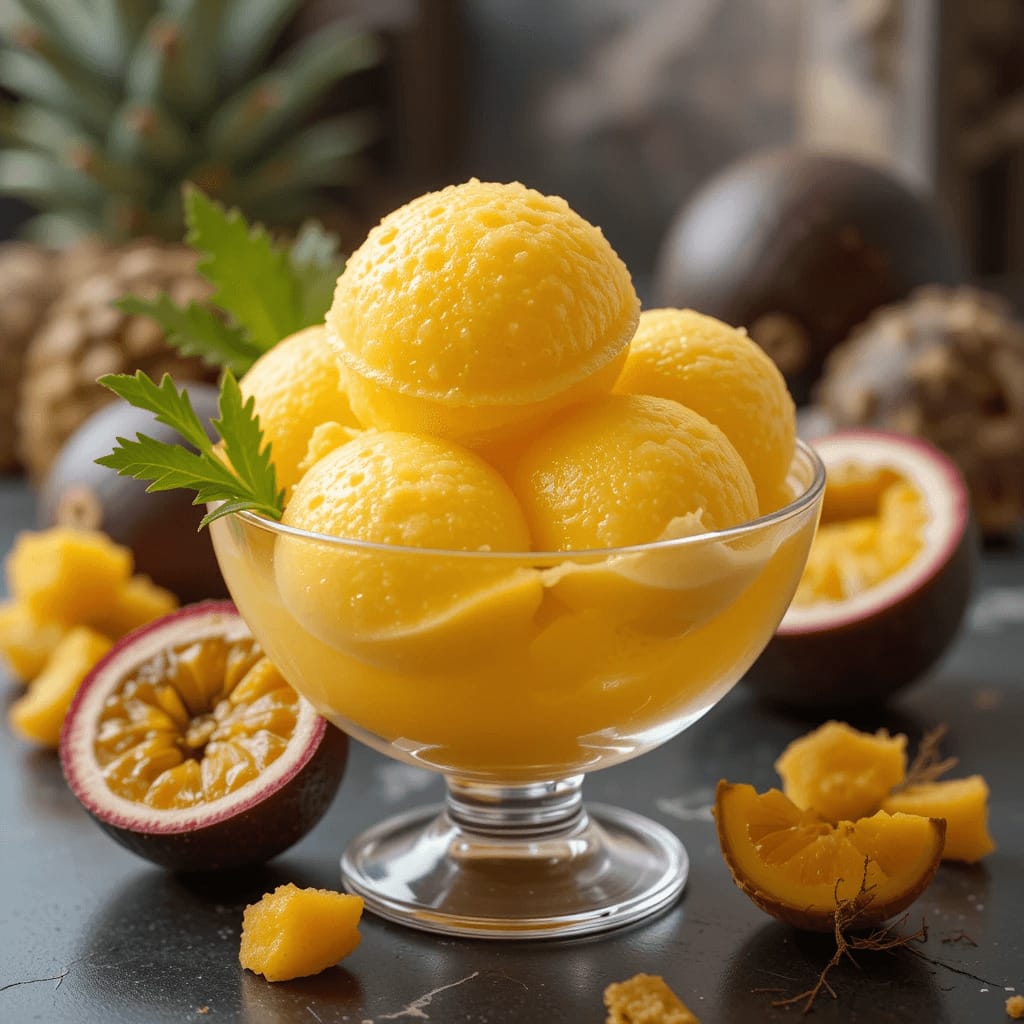 Sorbete amarillo vibrante hecho de maracuyá, decorado con hojas de menta y frutas tropicales en un ambiente soleado.