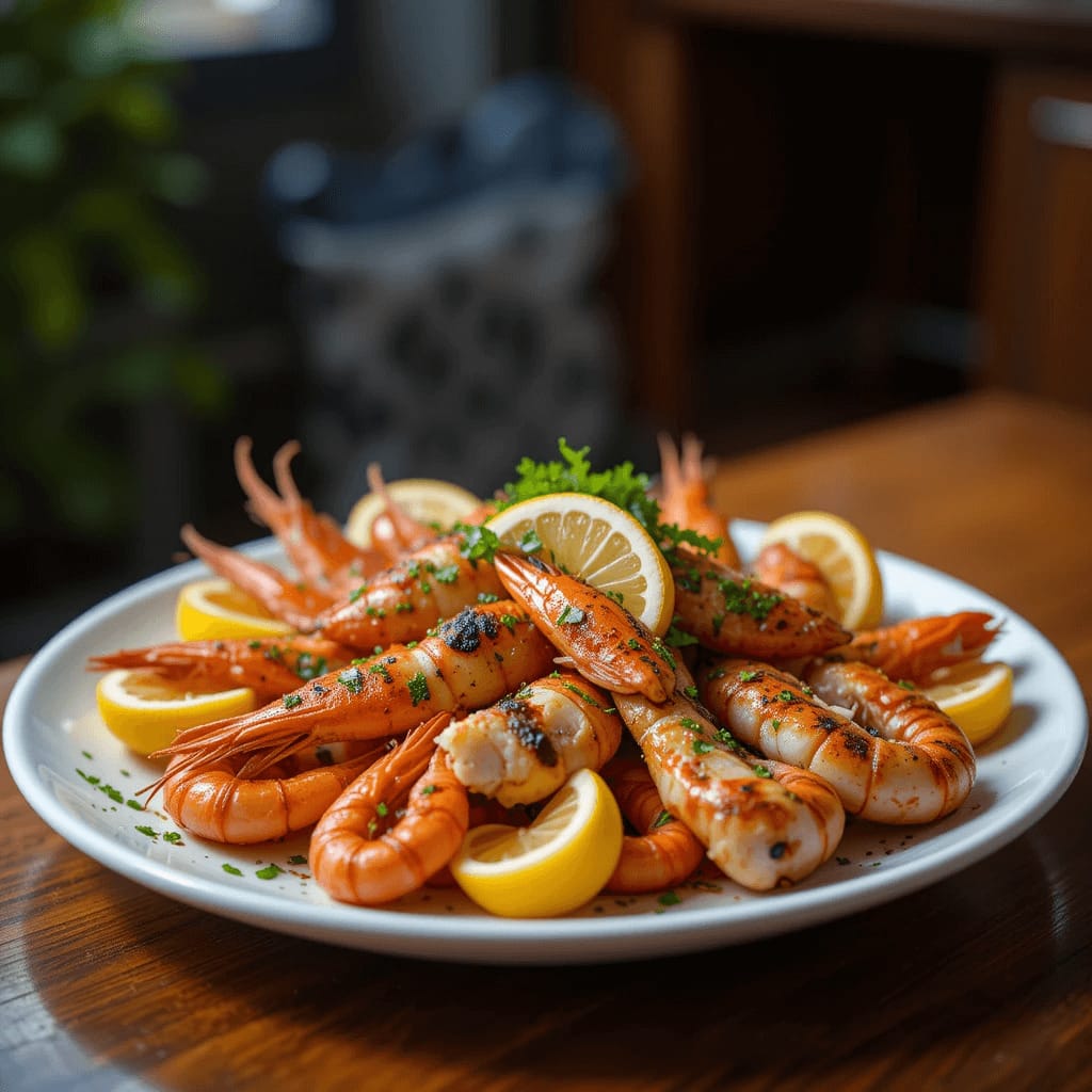 Cigalas asadas servidas en un plato blanco, decoradas con rodajas de limón y espolvoreadas con perejil fresco.