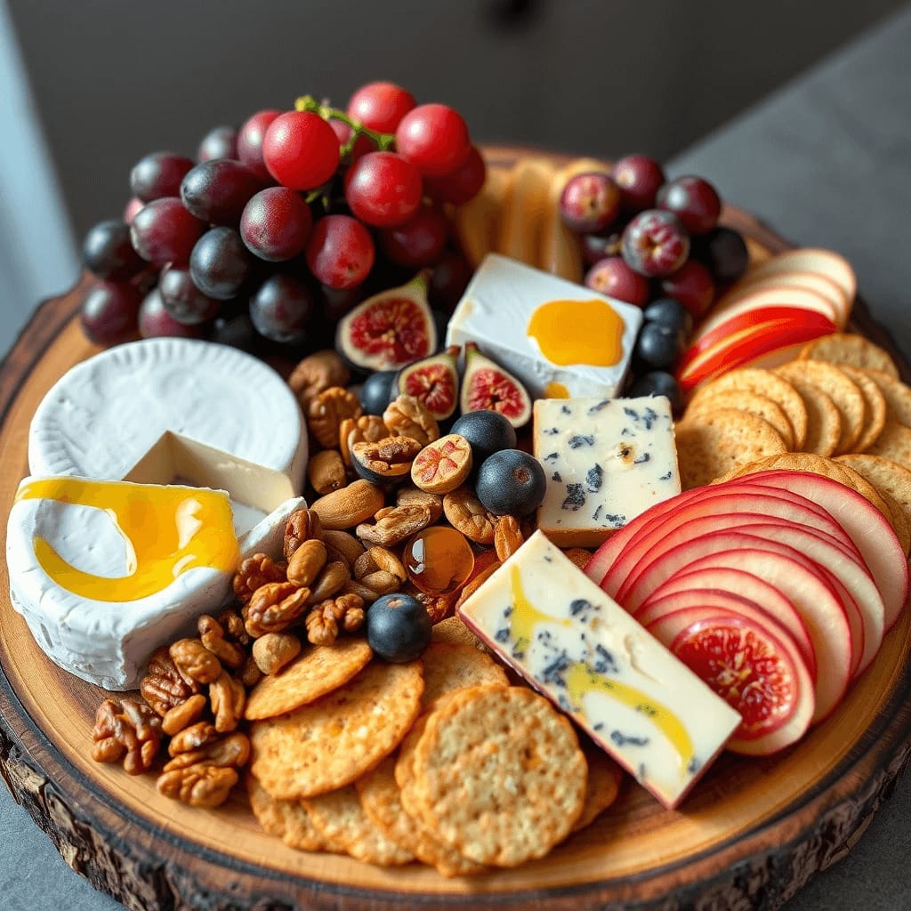 Una tabla de quesos bellamente arreglada con una variedad de quesos, acompañada de frutas frescas y otros deliciosos acompañamientos.