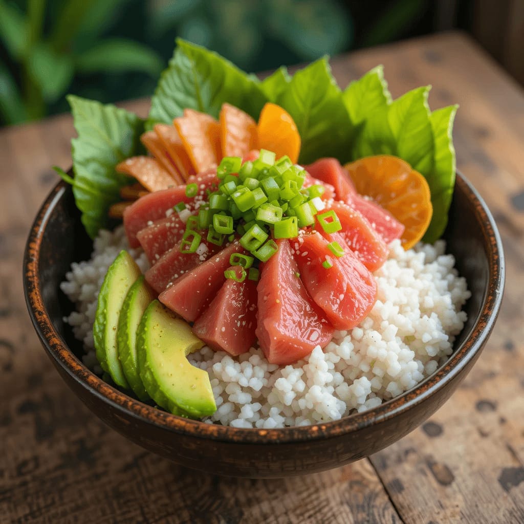 bowl hawaiano tradicional con atún, aguacate, sésamo y nori